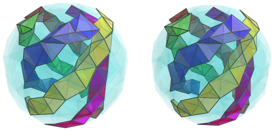 Parallel projection of
swirlprismatodiminished rectified 600-cell, showing back halves of 6th to 10th
square pyramid rings