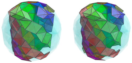 Parallel projection of
swirlprismatodiminished rectified 600-cell, showing first 10 square pyramid
rings together