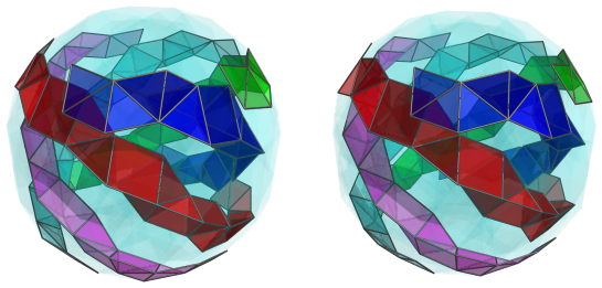 Parallel projection of
swirlprismatodiminished rectified 600-cell, showing front halves of 11th to
15th square pyramid rings