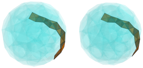 Parallel projection of
swirlprismatodiminished rectified 600-cell, showing 16th square pyramid ring,
back half