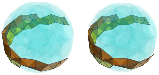 Parallel projection of
swirlprismatodiminished rectified 600-cell, showing 17th square pyramid ring,
front half