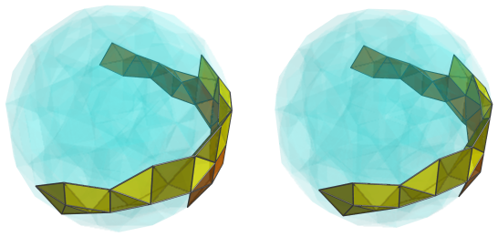 Parallel projection of
swirlprismatodiminished rectified 600-cell, showing 17th square pyramid ring,
back half