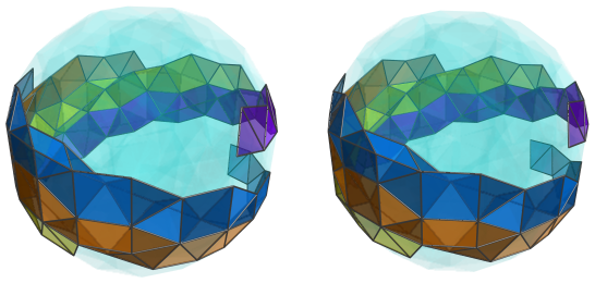 Parallel projection of
swirlprismatodiminished rectified 600-cell, showing 19th square pyramid ring,
front half