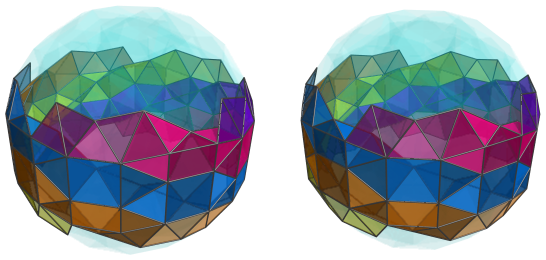 Parallel projection of
swirlprismatodiminished rectified 600-cell, showing 20th square pyramid ring,
front half