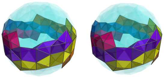 Parallel projection of
swirlprismatodiminished rectified 600-cell, showing 20th square pyramid ring,
back half