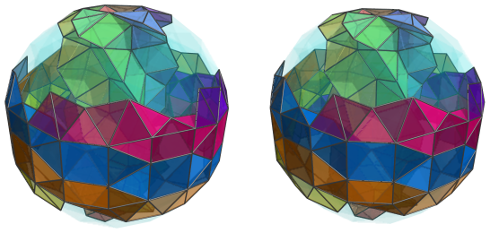 Parallel projection of
swirlprismatodiminished rectified 600-cell, showing 1st-5th and 15th-20th
square pyramid rings together