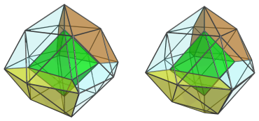 Octahedron-centered
parallel projection of the octahedral ursachoron, showing first pair of 8
J63's