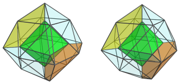 Octahedron-centered
parallel projection of the octahedral ursachoron, showing third pair of 8
J63's