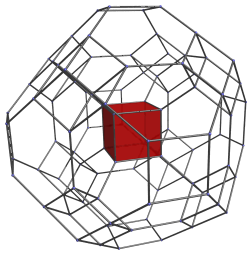 Cube-first
parallel projection of the truncated 24-cell into 3D, all cells omitted except
closest cube to viewpoint