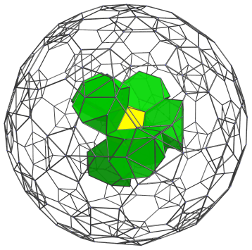 Parallel
projection of the truncated 600-cell into 3D, adding 7 truncated
tetrahedra