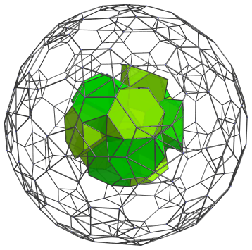 Parallel
projection of the truncated 600-cell into 3D, adding another 7 truncated
tetrahedra