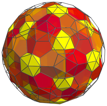 Parallel
projection of the truncated 600-cell into 3D, showing 12 more icosahedra