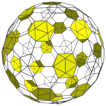 Parallel
projection of the truncated 600-cell into 3D, showing 30 equatorial
icosahedra