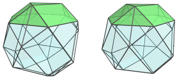 Parallel projection of
the truncated tetrahedral cupoliprism, showing 1/4 far side triangular
cupolae